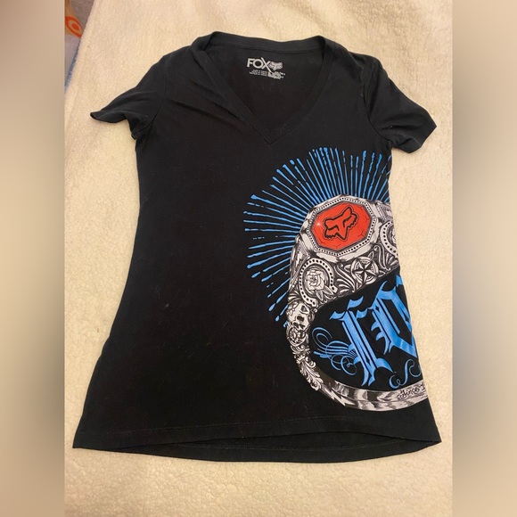 Fox Tops - Fox Racing-black t-shirt with blue & red graphics-size Small